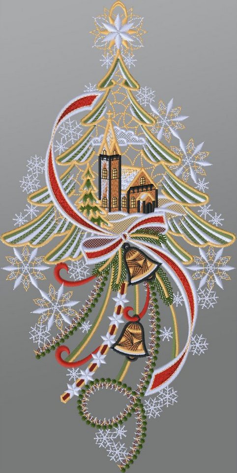 Plauener Spitze® Fensterbild Kirche mit Tannenbaum und Glocken, HxB 28x20cm von Plauener Spitze