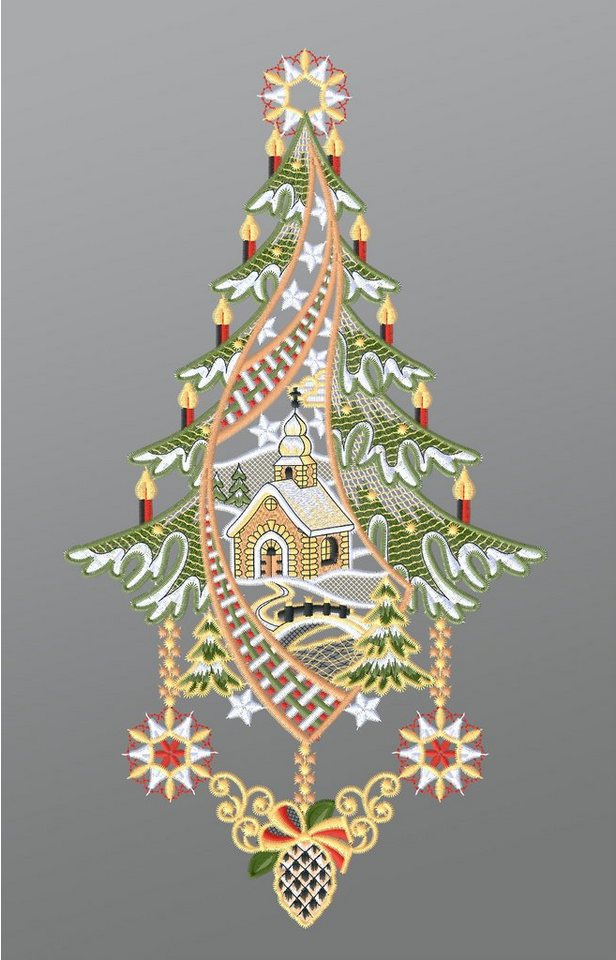 Plauener Spitze® Fensterbild Kirche mit Winterlandschaft und Baum, HxB 37x20cm von Plauener Spitze