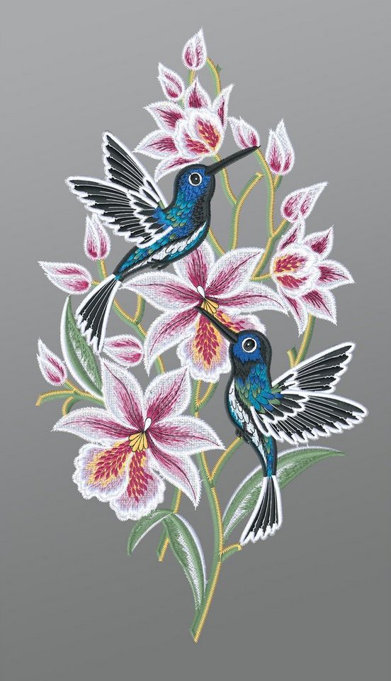 Plauener Spitze® Fensterbild Kolibris mit Orchideen, HxB 38x20cm von Plauener Spitze