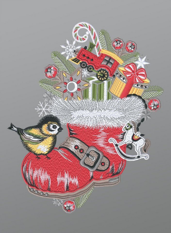 Plauener Spitze® Fensterbild Nikolausstiefel mit Vögelchen, HxB 26x22cm von Plauener Spitze