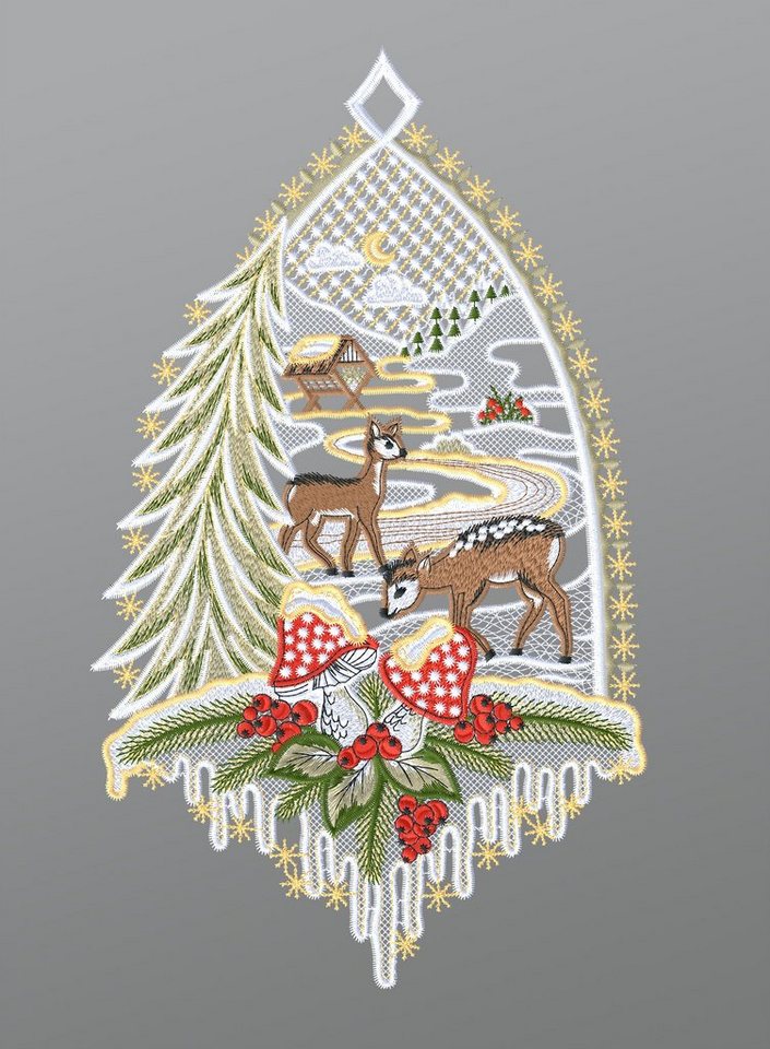 Plauener Spitze® Fensterbild Rehe mit Tannenbaum, HxB 31x18cm von Plauener Spitze