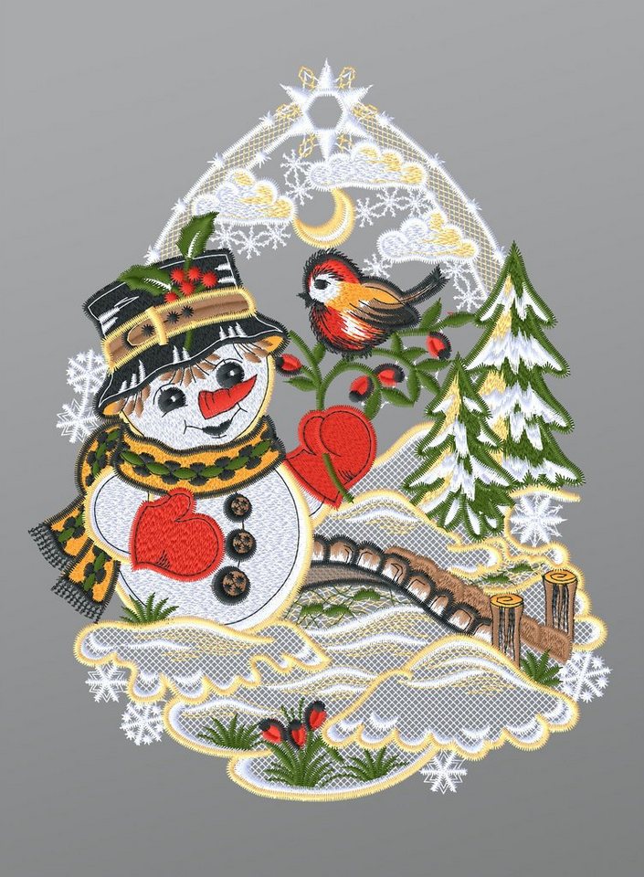 Plauener Spitze® Fensterbild Schneemann mit Vögelchen, HxB 25x19cm von Plauener Spitze