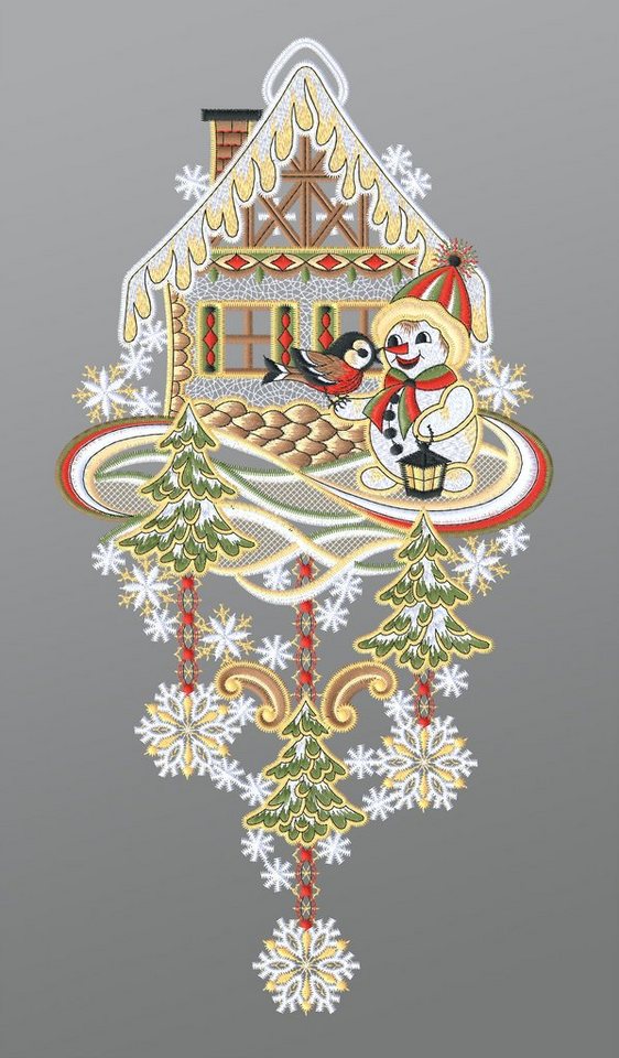 Plauener Spitze® Fensterbild Schneemann mit Winterhäuschen, HxB 36x18cm von Plauener Spitze