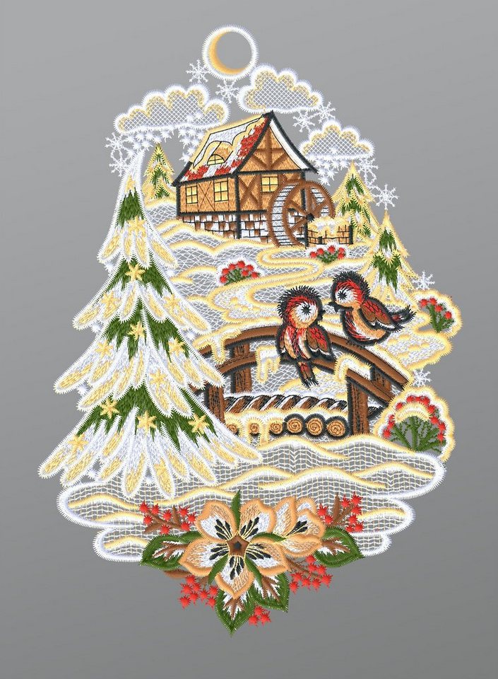 Plauener Spitze® Fensterbild Wassermühle in Winterlandschaft, HxB 27x19cm von Plauener Spitze