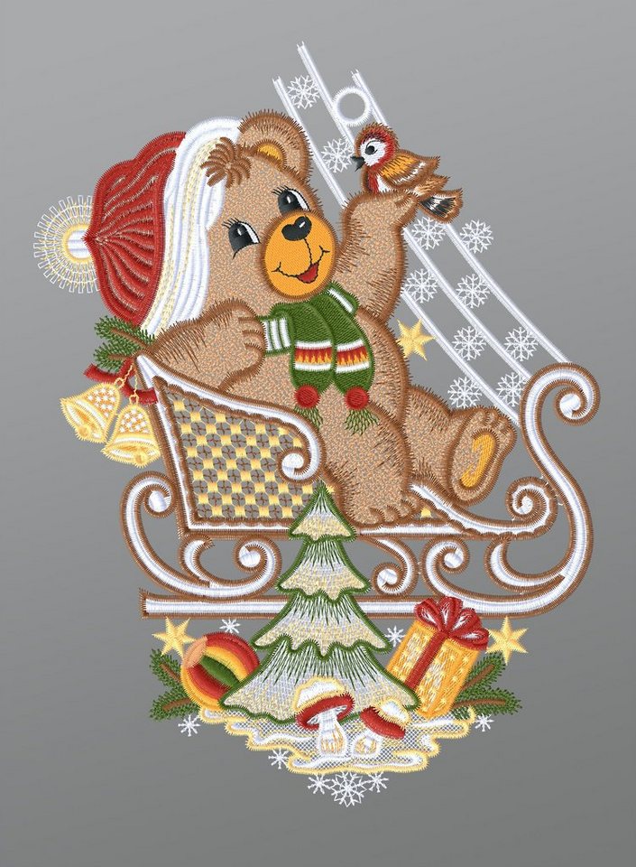 Plauener Spitze® Fensterbild Weihnachtsbär mit Schlitten, HxB 29x21cm von Plauener Spitze