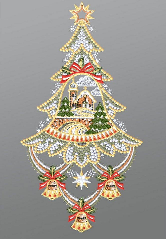 Plauener Spitze® Fensterbild Weihnachtsbaum mit Kirche, HxB 39x20cm von Plauener Spitze