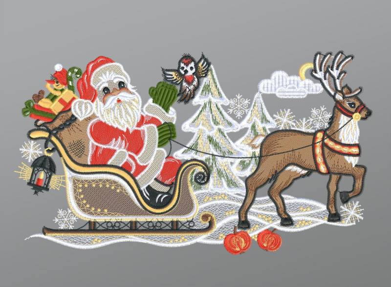 Plauener Spitze® Fensterbild Weihnachtsmann mit Schlitten u. Rentier, HxB 19x32cm von Plauener Spitze