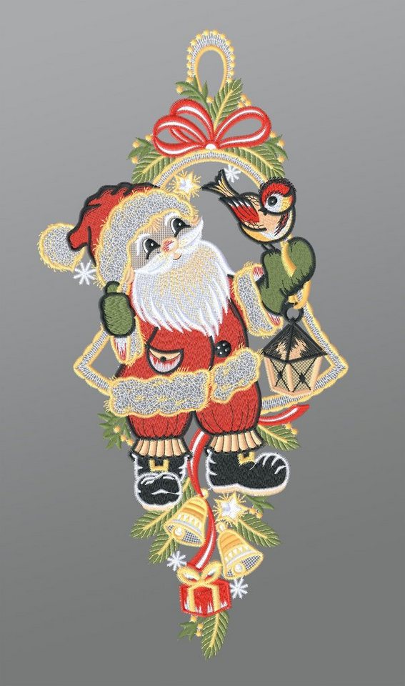 Plauener Spitze® Fensterbild Weihnachtsmann mit Vögelchen, HxB 21x20cm von Plauener Spitze