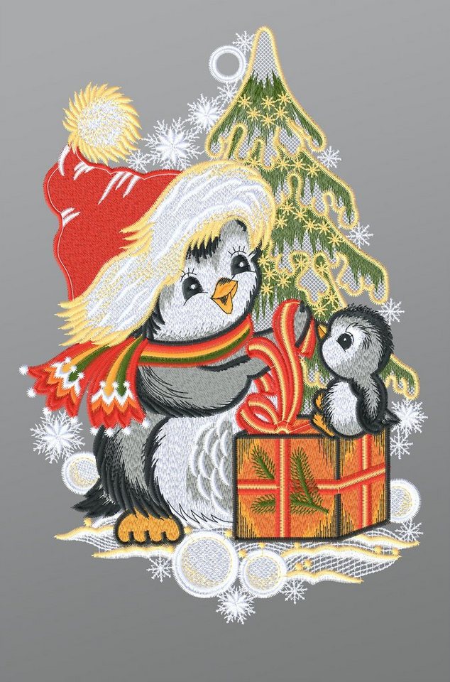 Plauener Spitze® Fensterbild Weihnachtspinguine mit Geschenk, HxB 35x18cm von Plauener Spitze