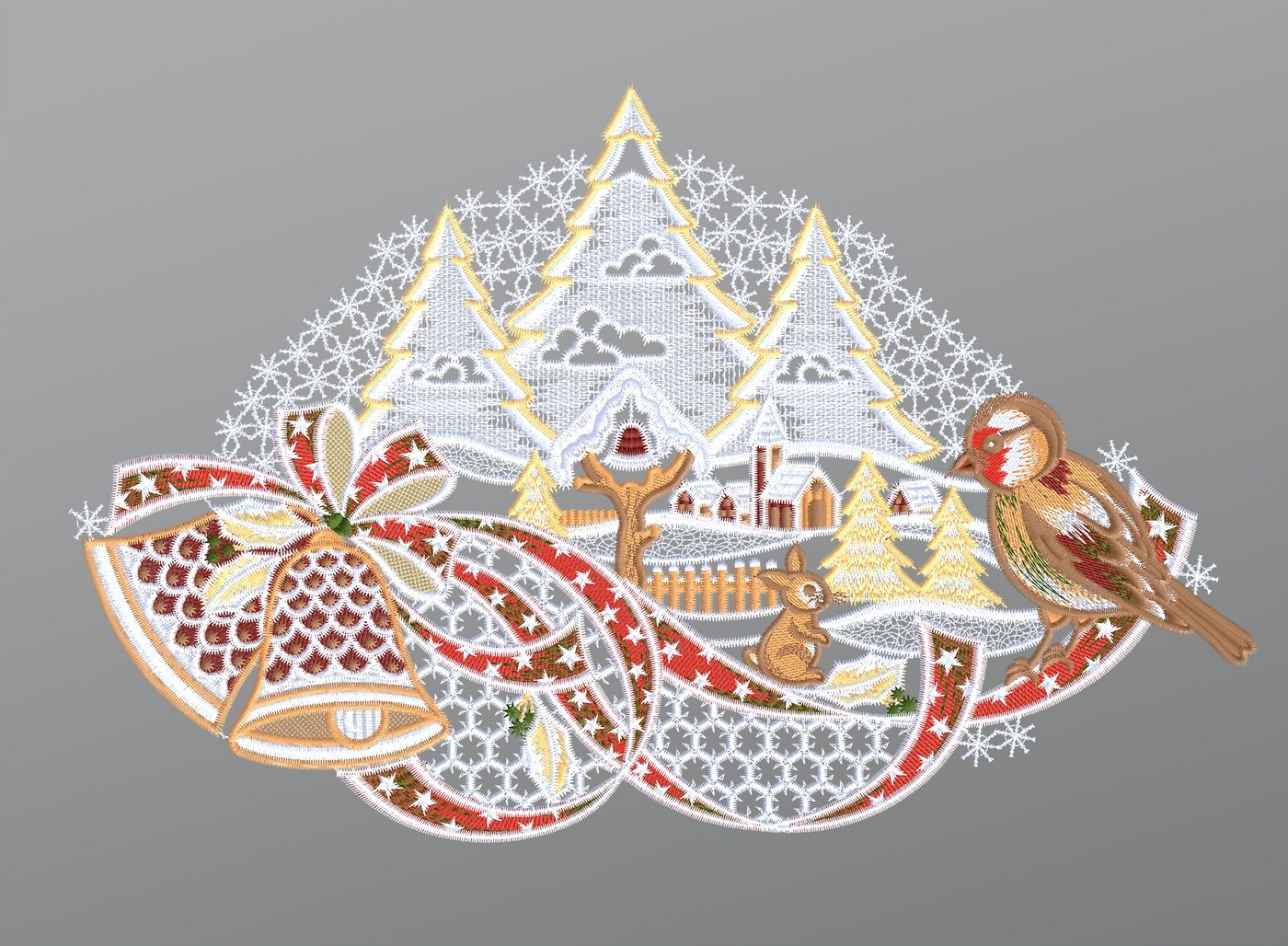 Plauener Spitze® Fensterbild Winterlandschaft mit Vogel und Glocken, HxB 22x34cm von Plauener Spitze