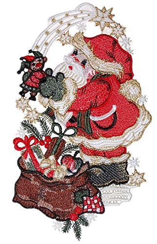 Plauener Spitze Fensterbild 15x29 cm + Saugnapf Weihnachten Stickerei Weihnachtsmann Kasper Spitzenbild Advent von Plauener Spitze