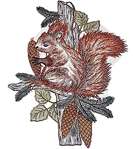 Plauener Spitze Fensterbild 23x29 cm + Saugnapf Eichhörnchen am Baum Tannenzapfen Spitzenbild Herbst von Plauener Spitze