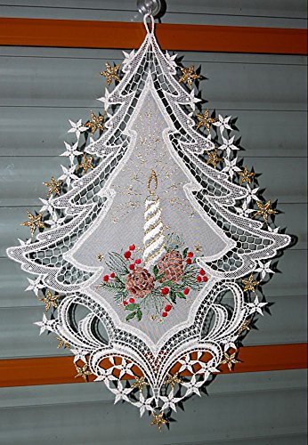 Plauener Spitze Fensterbild 25x34 cm + Saugnapf Weihnachten Voile Stickerei Kerze von Plauener Spitze