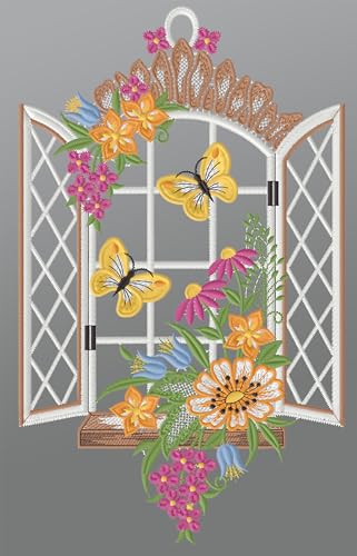 Plauener Spitze Fensterbild Frühlingsblick (BxH) 19cm x 32cm, Mehrfarbig, Fensterdekoration und Fensterschmuck von Plauener Spitze
