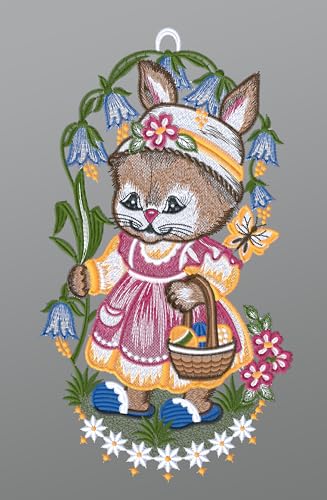 Plauener Spitze Fensterbild Hasenmädchen mit Glockenblumen (Bx H) 17cm * 31cm Mehrfarbig Fensterdekoration Fensterschmuck von Plauener Spitze