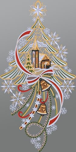 Plauener Spitze Fensterbild Kirche mit Tannenbaum und Glocken (Bx H) 20cm * 28cm Mehrfarbig Fensterdekoration Fensterschmuck von Plauener Spitze