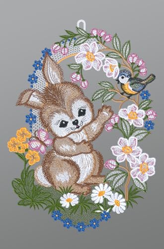 Plauener Spitze Fensterbild Kleiner Hase mit Vögelchen (Bx H) 22cm * 32cm Mehrfarbig Fensterdekoration Fensterschmuck von Plauener Spitze