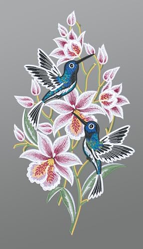 Plauener Spitze Fensterbild Kolibris mit Orchideen (Bx H) 20cm * 38cm Mehrfarbig Fensterdekoration Fensterschmuck von Plauener Spitze