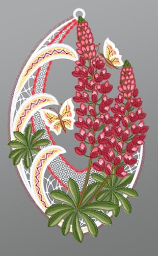 Plauener Spitze Fensterbild Lupinen mit Schmetterlingen (Bx H) 20cm * 34cm Rot-Mehrfarbig Fensterdekoration Fensterschmuck von Plauener Spitze