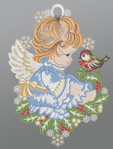Plauener Spitze Fensterbild Niedlicher Engel (BxH) 19cm x 27cm, Mehrfarbig, Fensterdekoration und Fensterschmuck von Plauener Spitze