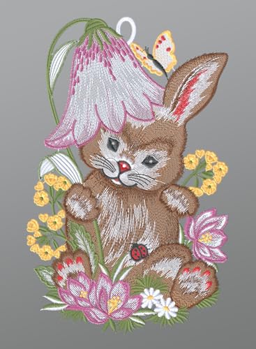 Plauener Spitze Fensterbild Osterhase mit Blütenhut (Bx H) 20cm * 31cm Mehrfarbig Fensterdekoration Fensterschmuck von Plauener Spitze