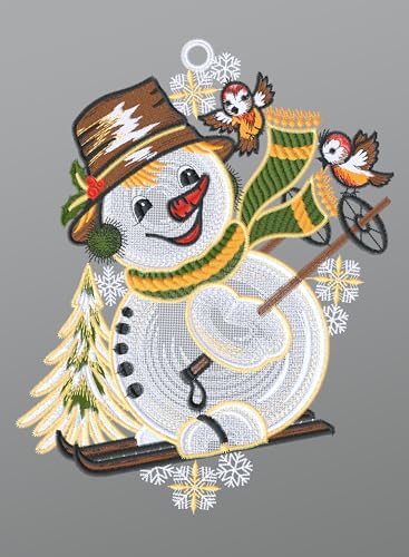 Plauener Spitze Fensterbild Schneemann auf Skiern (Bx H) 20cm * 26cm Mehrfarbig Fensterdekoration Fensterschmuck von Plauener Spitze