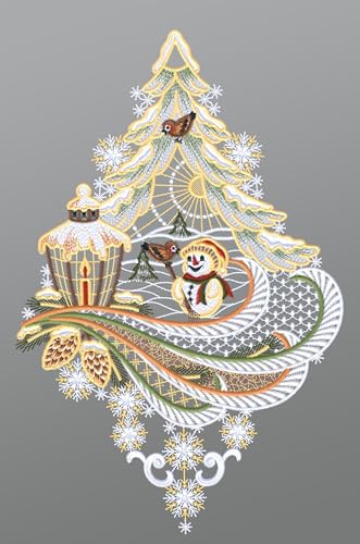 Plauener Spitze Fensterbild Schneemann mit Laterne und Vögelchen (Bx H) 23cm * 36cm Mehrfarbig Fensterdekoration Fensterschmuck von Plauener Spitze