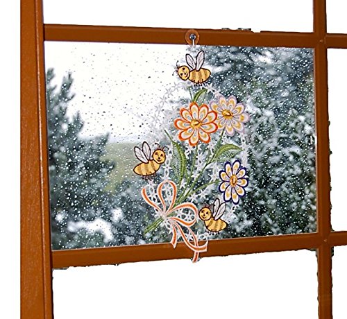 Plauener Spitze Fensterbild Sommerstrauß Bienen Frühling Sommer 21x34 cm + Saugnapf von Plauener Spitze
