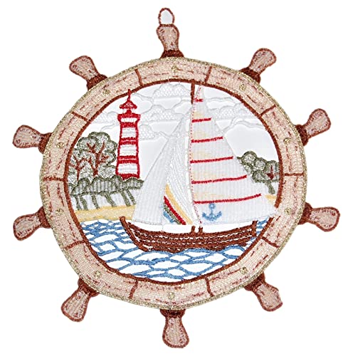 Plauener Spitze Fensterbild Steuerrad Braun Gold + Saugnapf Stickerei Maritim Segelboot Spitzenbild Badezimmer Plauener Spitze Fensterbild Steuerrad Braun Gold + Saugnapf Stickerei Maritim Segelboot Spitzenbild Badezimmer von Plauener Spitze
