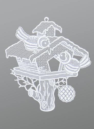 Plauener Spitze Fensterbild Vogelpaar mit Vogelhäuschen (Bx H) 20cm * 21cm Weiß Fensterdekoration Fensterschmuck von Plauener Spitze