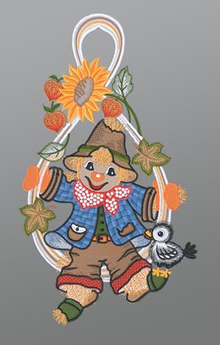 Plauener Spitze Fensterbild Vogelscheuche mit Herbstlaub und Vögelchen (Bx H) 20cm * 37cm Mehrfarbig Fensterdekoration Fensterschmuck von Plauener Spitze