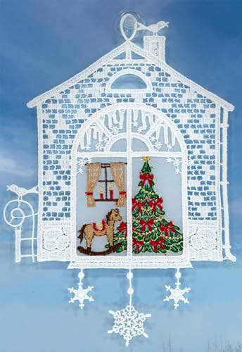 Plauener Spitze Fensterbild Weihnachten 24 cm Weihnachtsbaum Stickerei Weihnachtsdekoration Fensterdekoration Weiß Voile Bestickt mit Saugnapf von Plauener Spitze