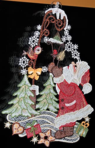 Plauener Spitze Fensterbild Weihnachten 30 cm Stickerei Weihnachtsmann Laterne Fensterdeko Weihnachtsdeko, Rot, Bunt von Plauener Spitze