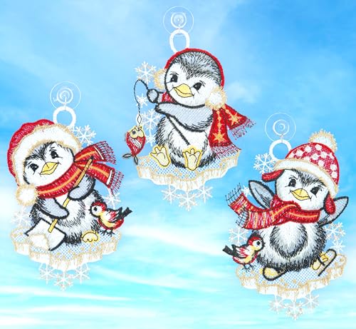 Plauener Spitze Fensterbild Weihnachten Pinguine Rot 3er Set 16 cm Fensterdekoration Weihnachtsdekoration Weihnachtsschmuck mit Saugnäpfen von Plauener Spitze