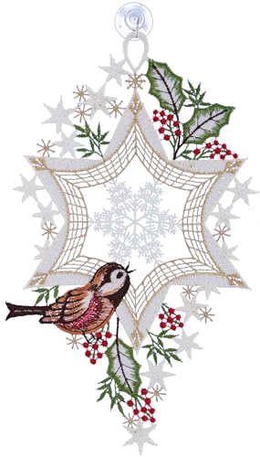 Plauener Spitze Fensterbild Weihnachten Stern mit Vogel 26 cm Fensterdekoration Fensterschmuck Weihnachtsdekoration Farbig mit Saugnapf von Plauener Spitze