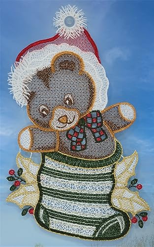 Plauener Spitze Fensterbild Weihnachten Teddy 27 cm Fensterdekoration Weihnachtsdekoration Fensterschmuck Kinderzimmer incl.Saugnapf von Plauener Spitze