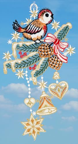Plauener Spitze Fensterbild Weihnachten Vogel 30 cm Fensterdekoration Weihnachtsschmuck Spitzenbild Farbig mit Saugnapf von Plauener Spitze