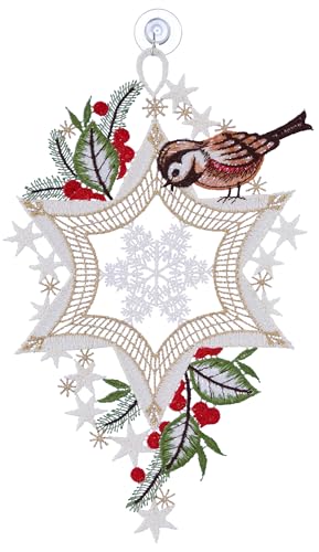 Plauener Spitze Fensterbild Weihnachten Vogel mit Stern 26 cm Fensterdekoration Fensterschmuck Weihnachtsdekoration Farbig mit Saugnapf von Plauener Spitze