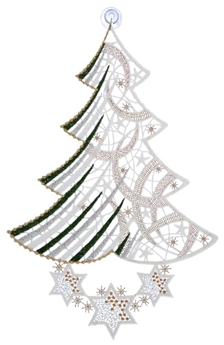 Plauener Spitze Fensterbild Weihnachten Weihnachtsbaum 31 cm Weihnachtsdekoration Modern Fensterdekoration Fensterschmuck Farbig mit Saugnapf (Silber) von Plauener Spitze
