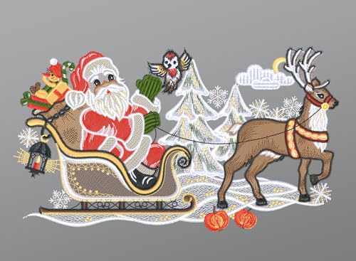 Plauener Spitze Fensterbild Weihnachtsmann mit Schlitten und Rentier (Bx H) 32cm * 19cm Mehrfarbig Fensterdekoration Fensterschmuck von Plauener Spitze