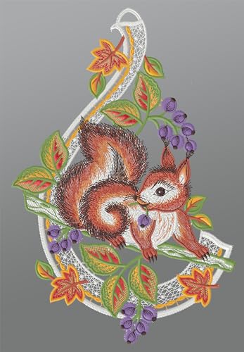 Plauener Spitze Fensterbild stibitzendes Eichhörnchen (BxH) 22cm x 30cm, Mehrfarbig, Fensterdekoration und Fensterschmuck von Plauener Spitze