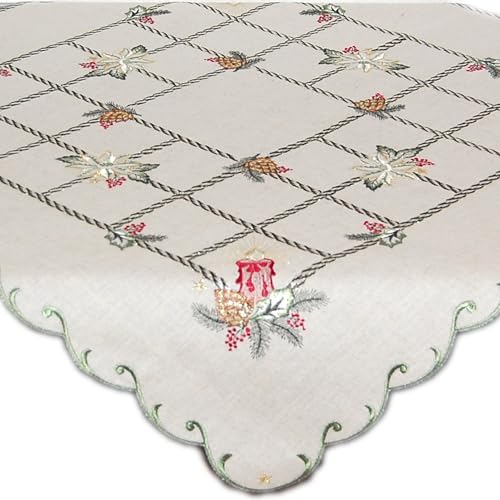 Plauener Spitze Tischdecke Weihnachten 85x85 Stickerei Leinenoptik Mitteldecke Decke Eckig Weihnachtsdecke Landhaus Rustikal Natur Beige Stoff von Plauener Spitze