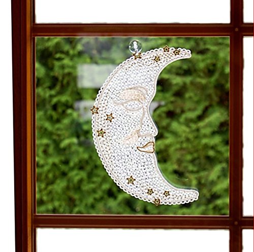 Plauener Spitze Wunderschönes Fensterbild 15x31 cm + Saugnapf Mond Weiß Gold Traummond Spitzenbild Kinderzimmer von Plauener Spitze