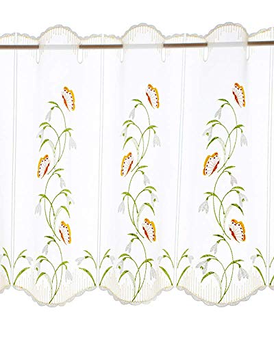 Plauener Spitze farbig bestickte Scheibengardine Frühling Schmetterling mit Glockenblume -ideal für kleine Fenster (40 x 64 cm) von Plauener Spitze