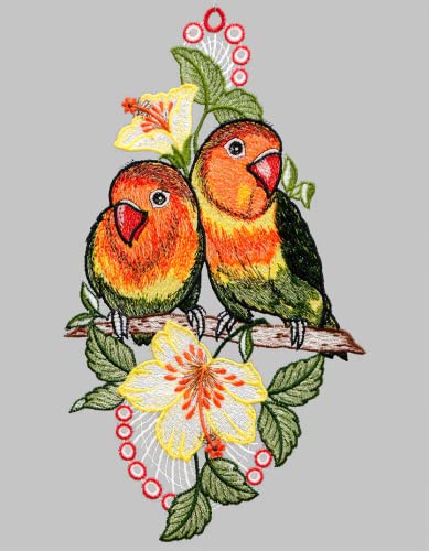 farbiges Fensterbild Plauener Spitze ® zwei Papageien Rosenköpfchen von Plauener Spitze