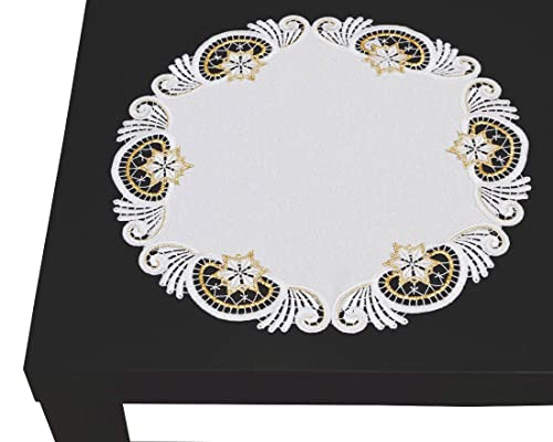 festliches Deckchen Weihnachten mit Spitze 36 cm rund Creme Gold von Plauener Spitze