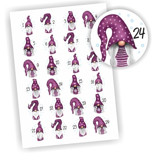 24 Aufkleber 1-24 Advent Adventskalender Zahlen Weihnachten Sticker Wichtel Lila/Purple von Play-Too