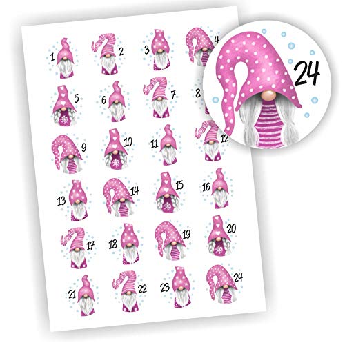 24 Aufkleber 1-24 Advent Adventskalender Zahlen Weihnachten Sticker Wichtel Rosa von Play-Too