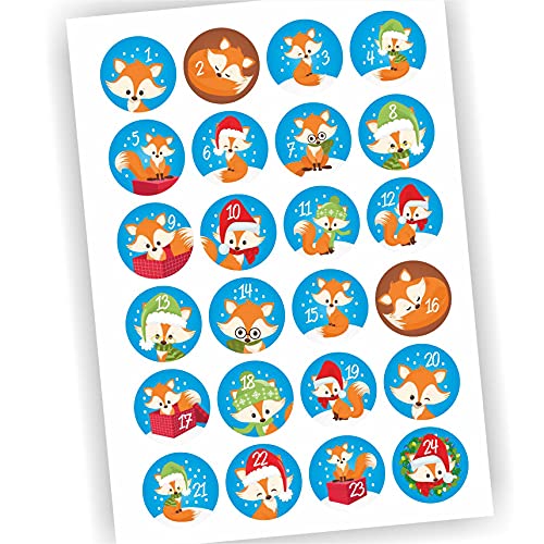 24 Aufkleber Adventskalender Zahlen Fest Weihnachten Aufkleber Sticker DIY Fuchs Fox von Play-Too