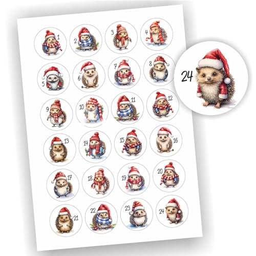 24 Aufkleber Adventskalender Zahlen Fest Weihnachten Aufkleber Sticker DIY Igel von Play-Too